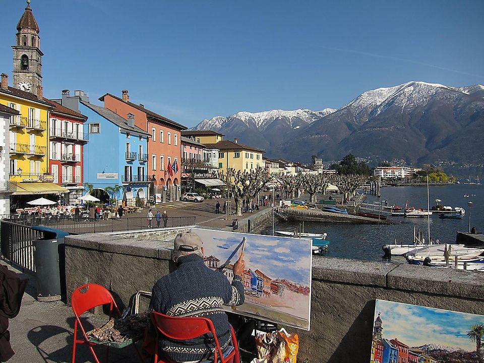Artist along the waterfront in Ascona, Ticino, Switzerland