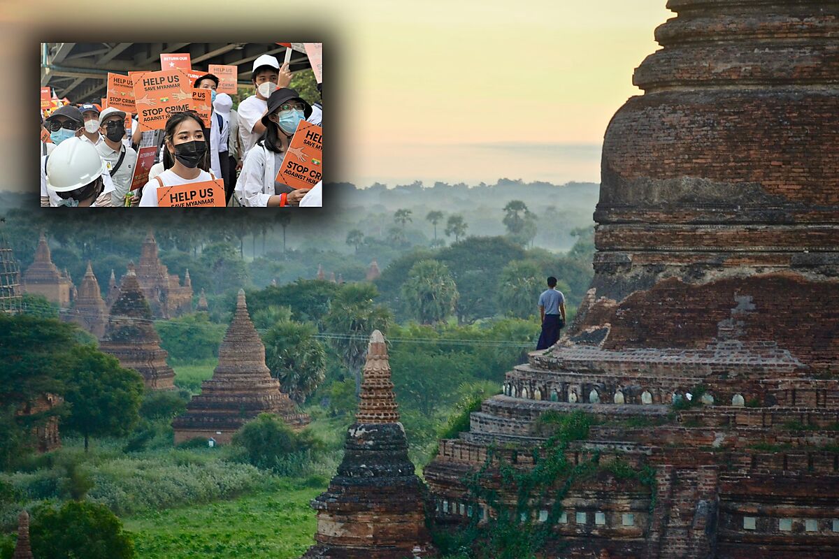 Bagan, Myanmar and Protests in Yangon (Inset)