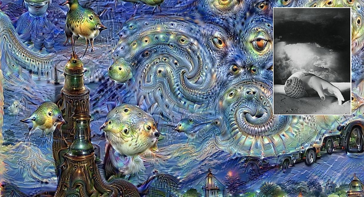 DeepDream Fusing Van Gogh’s The Starry Night; Untitled (Shell-Hand) Dora Maar (inset)