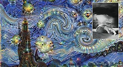 DeepDream Fusing Van Gogh’s The Starry Night; Untitled (Shell-Hand) Dora Maar (inset)