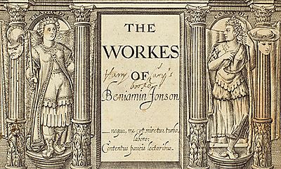 Detail of the title page of The Works of Benjamin Jonson, 1616, showing the inscription of Sir Henry Cary