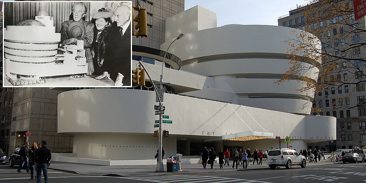 Guggenheim Museum New York and Frank Lloyd Wright, Hilla von Rebay, and Solomon R. Guggenheim (inset)