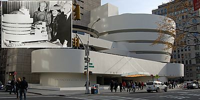 Guggenheim Museum New York and Frank Lloyd Wright, Hilla von Rebay, and Solomon R. Guggenheim (inset)