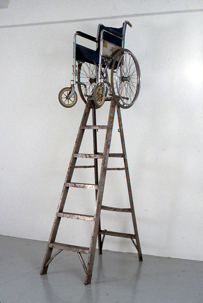 Untitled by John LeKay, 1991, ladder and wheelchair.